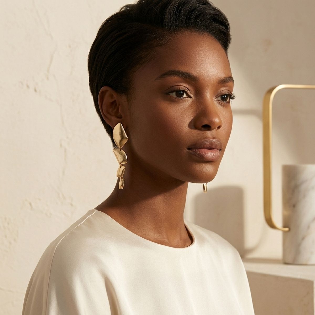 Clip On Brushed Gold Geometric Dangle Earrings