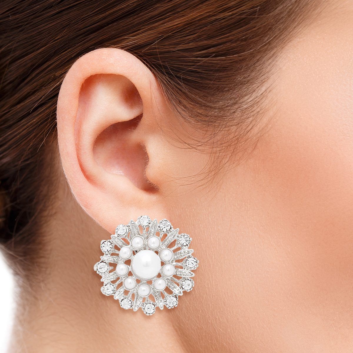 Clip On Runway Worthy Silver Pearl Round Earrings