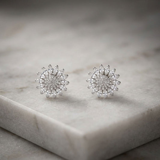 Clip On Silver Glass Crystal Sunflower Earrings