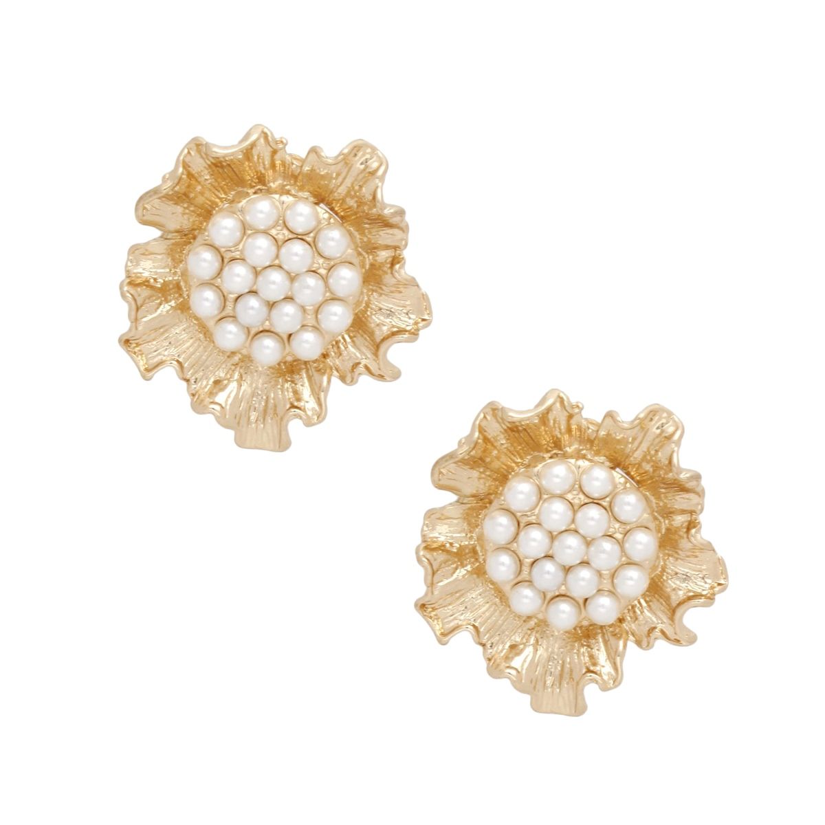 Clip On Gold Sculpted Floral Cream Pearl Earrings