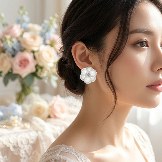 Clip on Silver Stacked Pearl Dome Pave Earrings