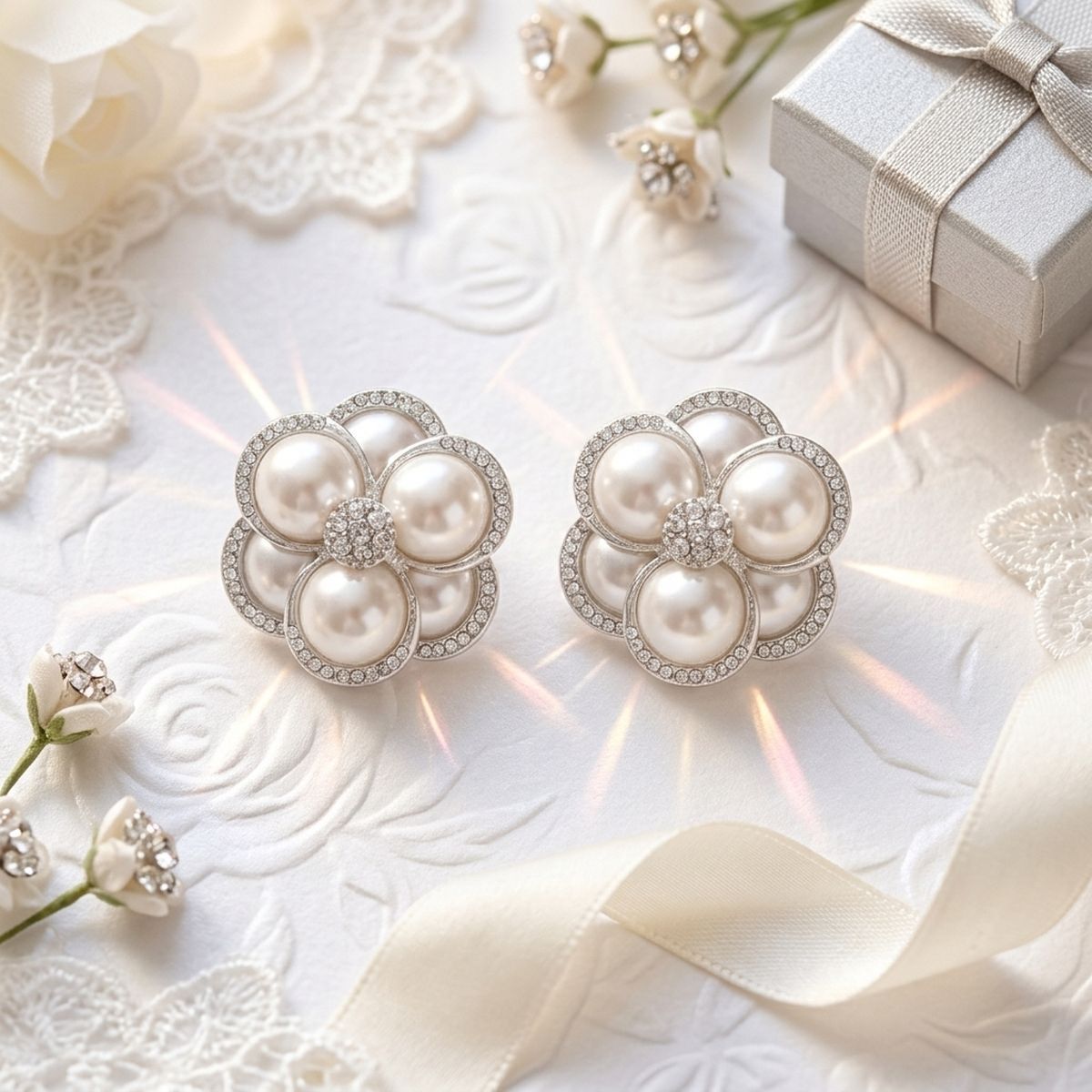 Clip on Silver Stacked Pearl Dome Pave Earrings