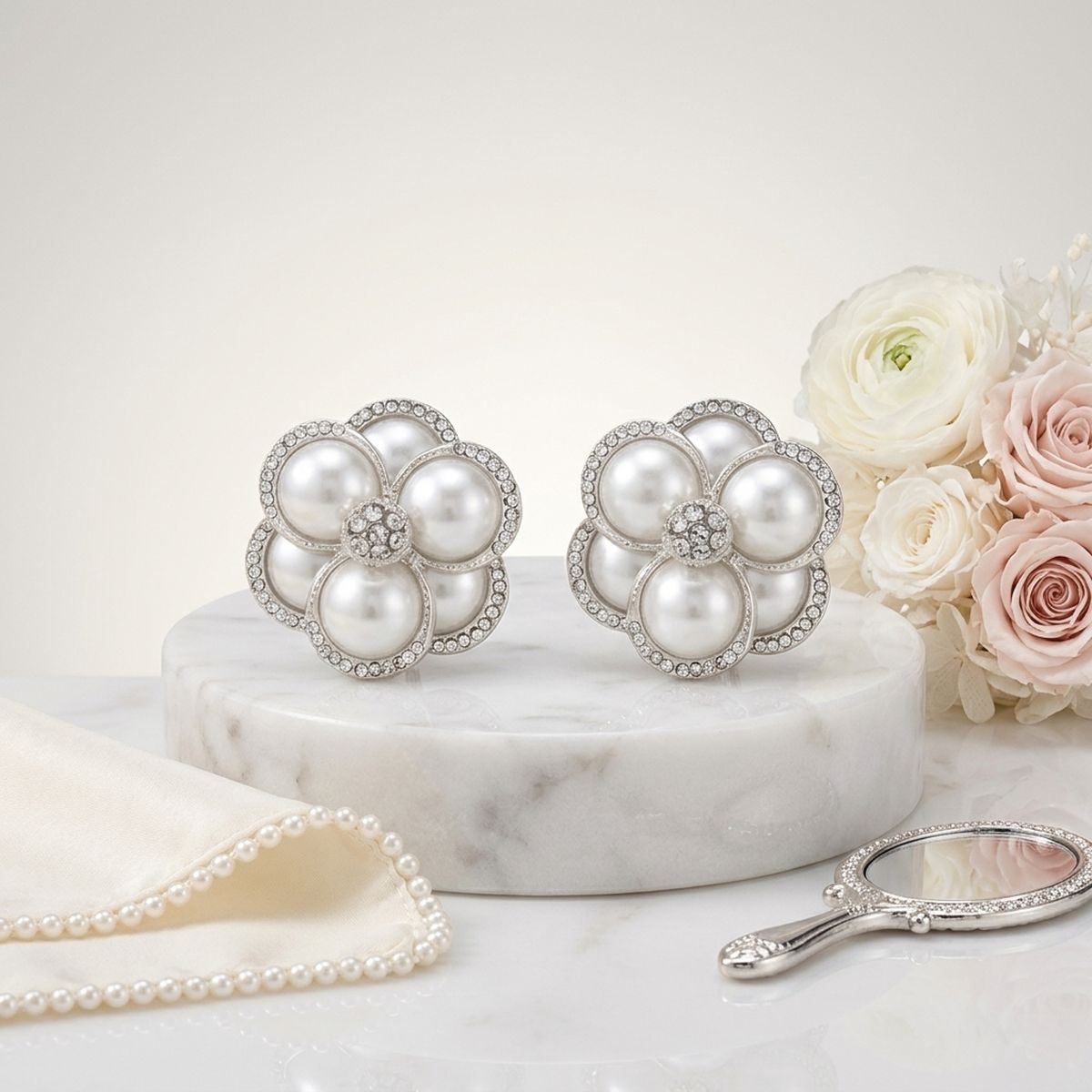 Clip on Silver Stacked Pearl Dome Pave Earrings