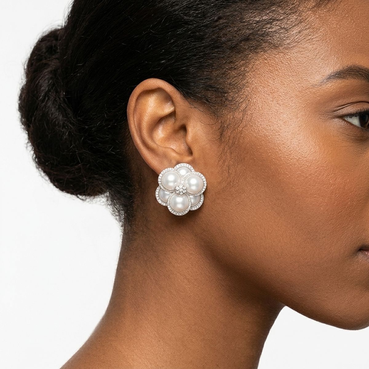 Clip on Silver Stacked Pearl Dome Pave Earrings