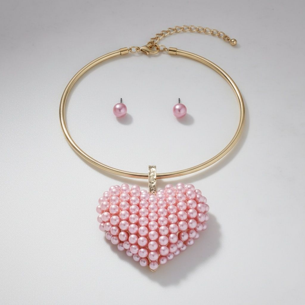 Pendant Pink Pearl Domed Heart Chunky Necklace
