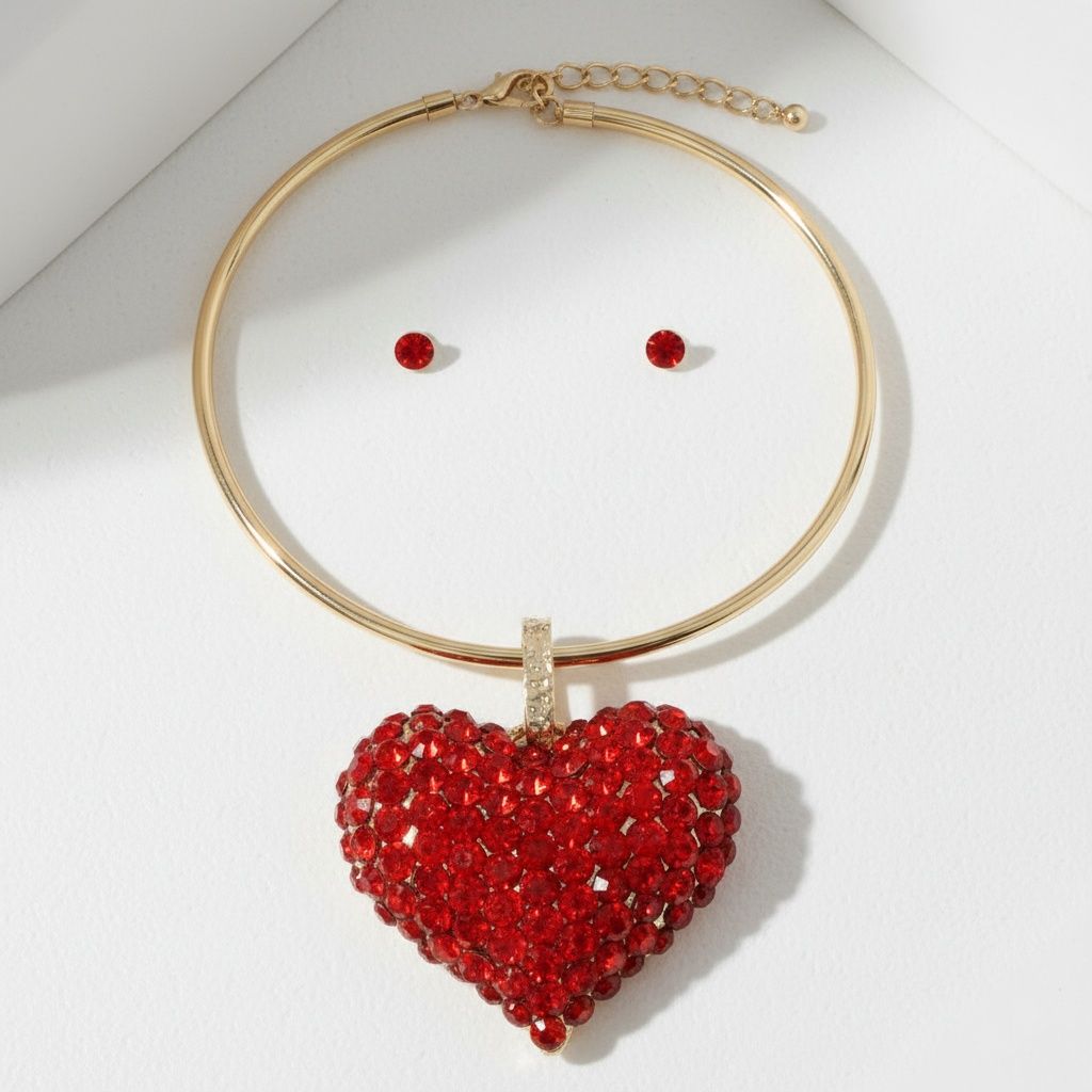 Pendant Red Rhinestone Domed Heart Chunky Necklace