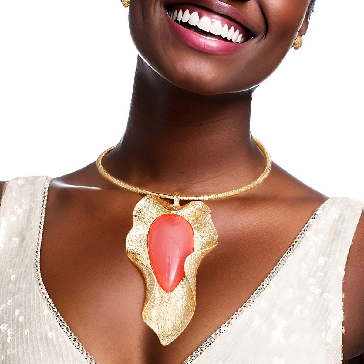 Pendant Curved Leaf Pink Resin Necklace Women