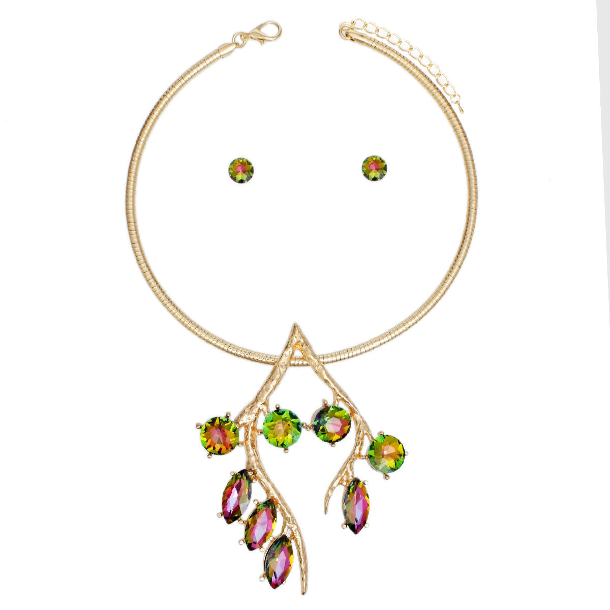 Pendant Gold Branch Pink Green Crystal Necklace