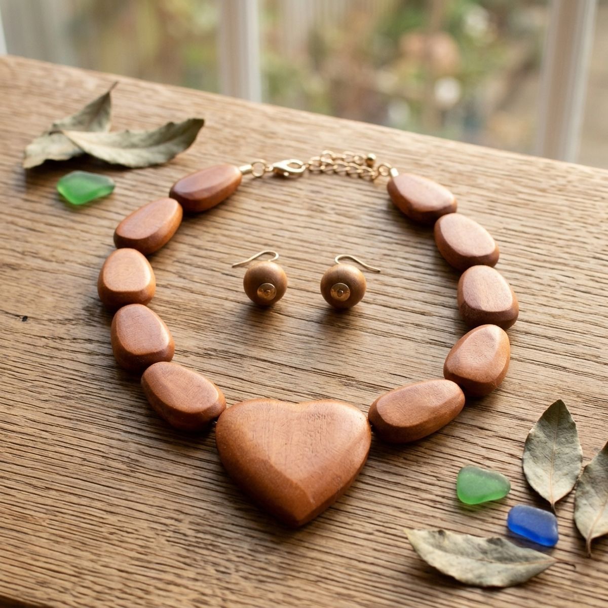 Brown Wood Bead and Heart Pendant Necklace
