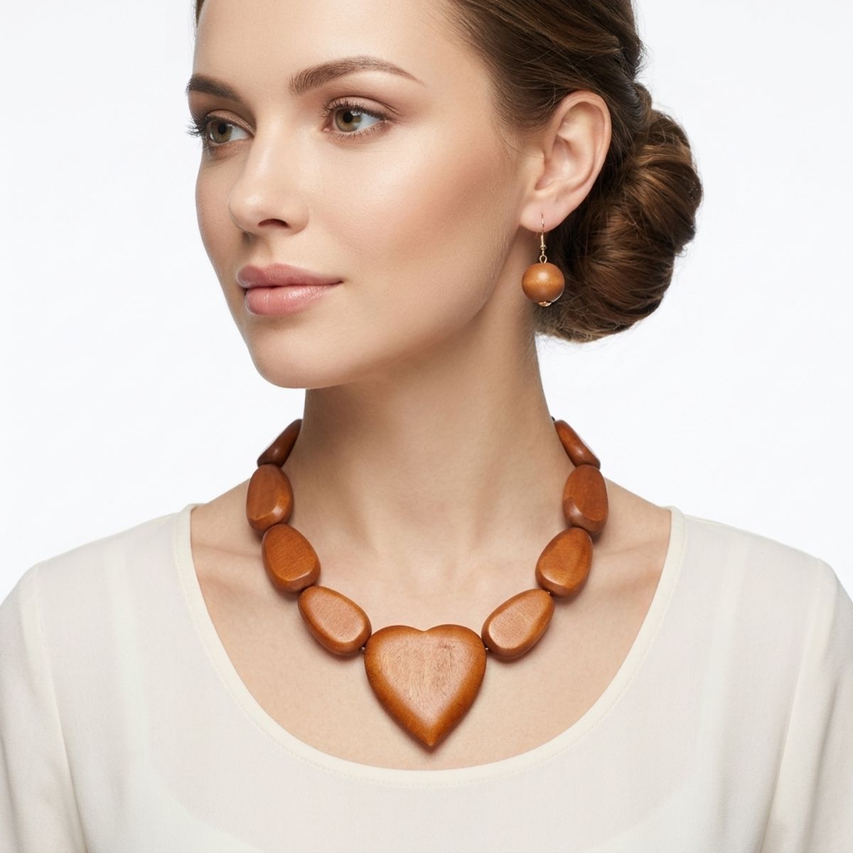 Brown Wood Bead and Heart Pendant Necklace
