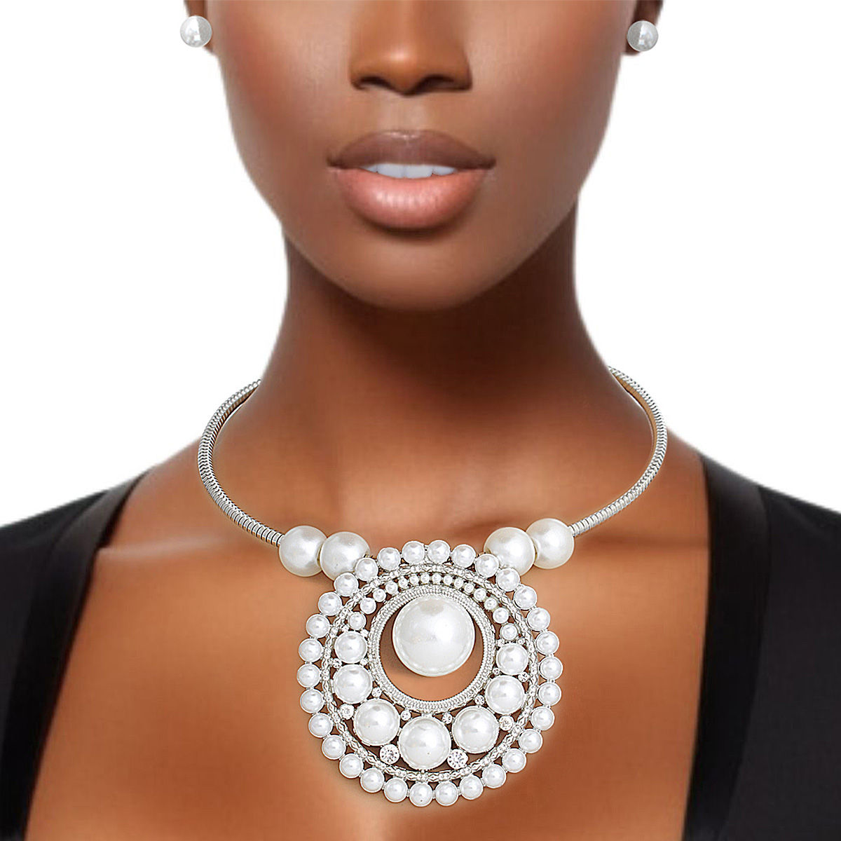 Pendant Necklace Silver Pearl Circular Set Women