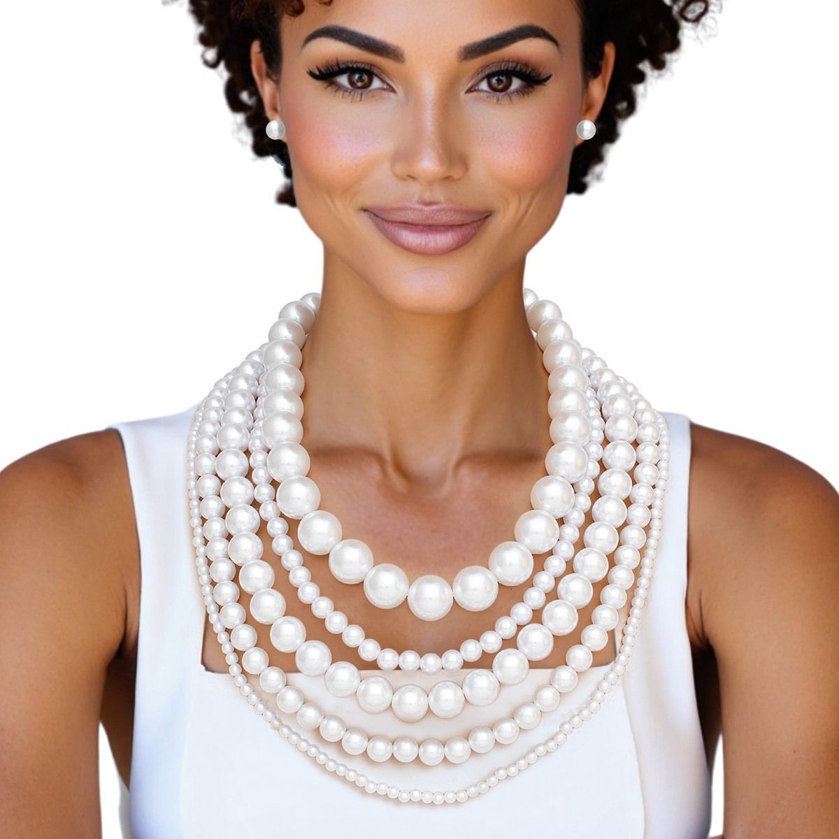 Pearl White 5 Strand Chunky Layered Necklace