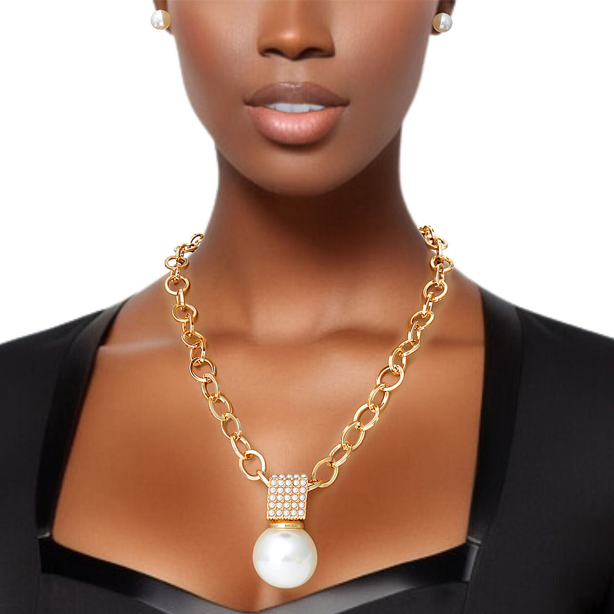 Chain Necklace Gold Pearl Pendant Set for Women