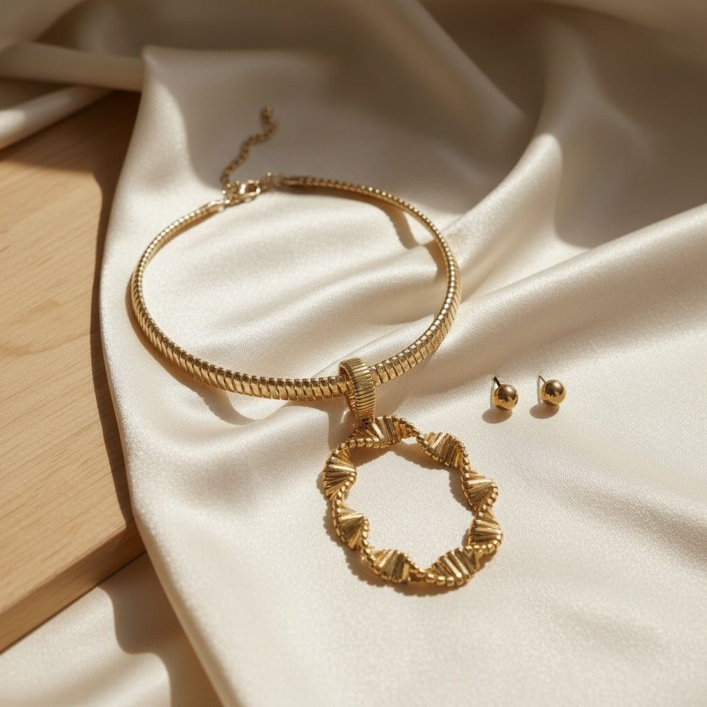 Choker Gold Ribbed Link Twisted Pendant Necklace