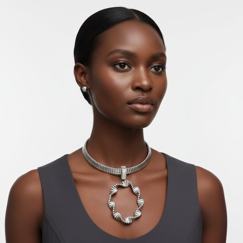 Choker Silver Ribbed Link Twisted Pendant Necklace