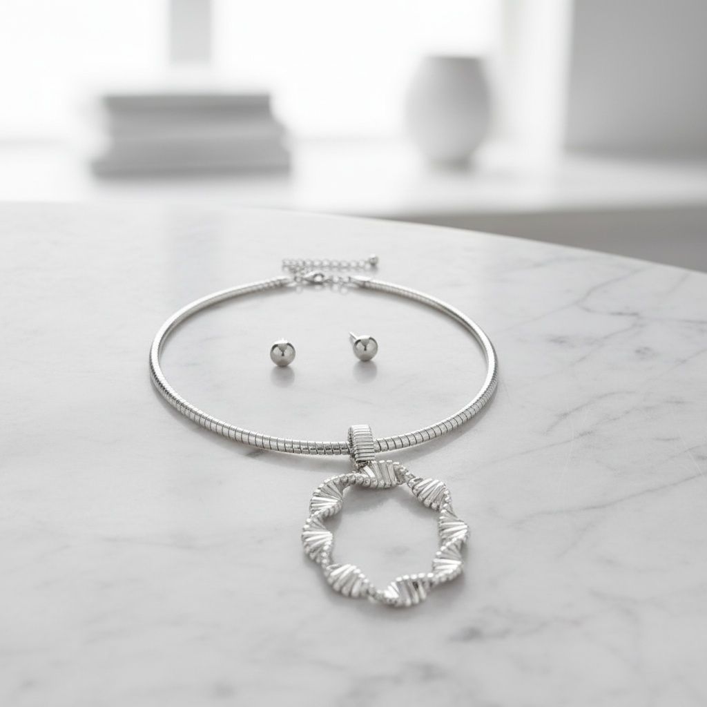 Choker Silver Ribbed Link Twisted Pendant Necklace