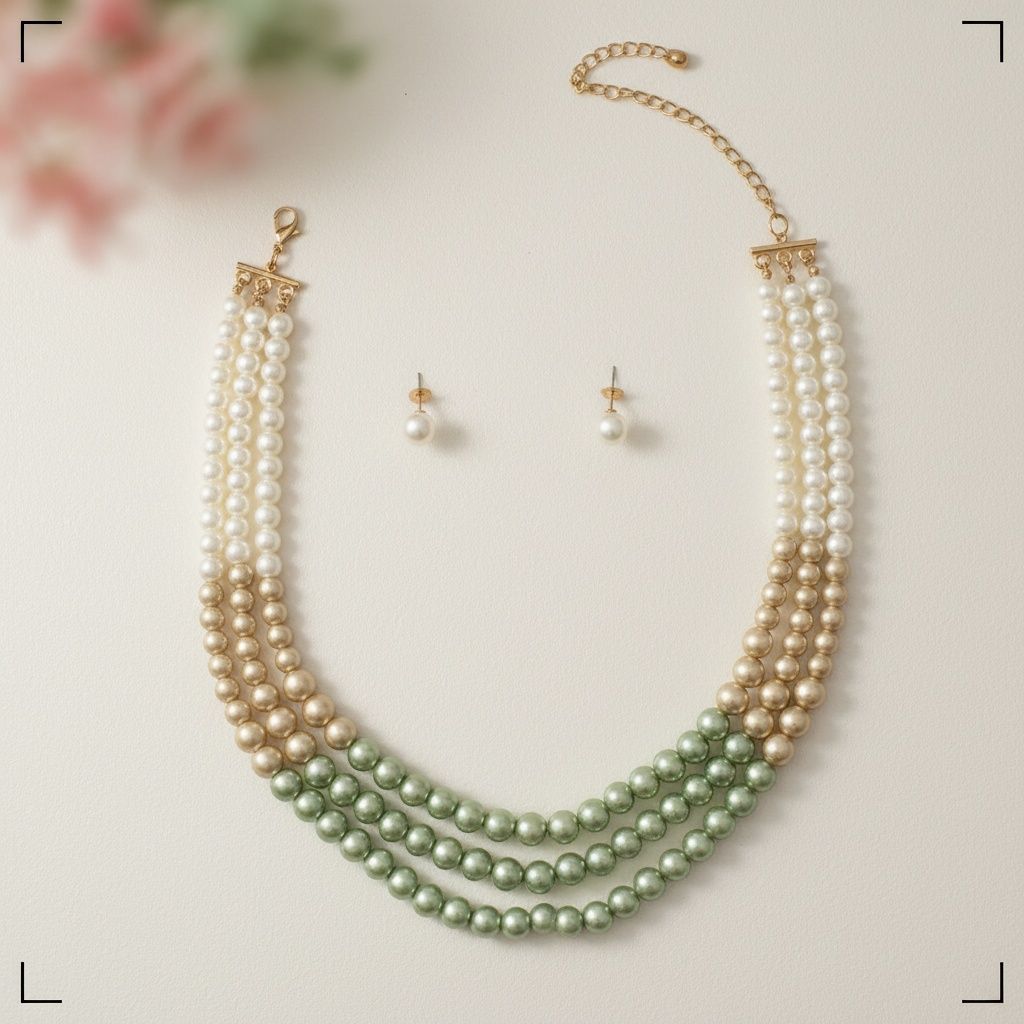Glass Pearl Green Cream Ombre 3 Strand Necklace