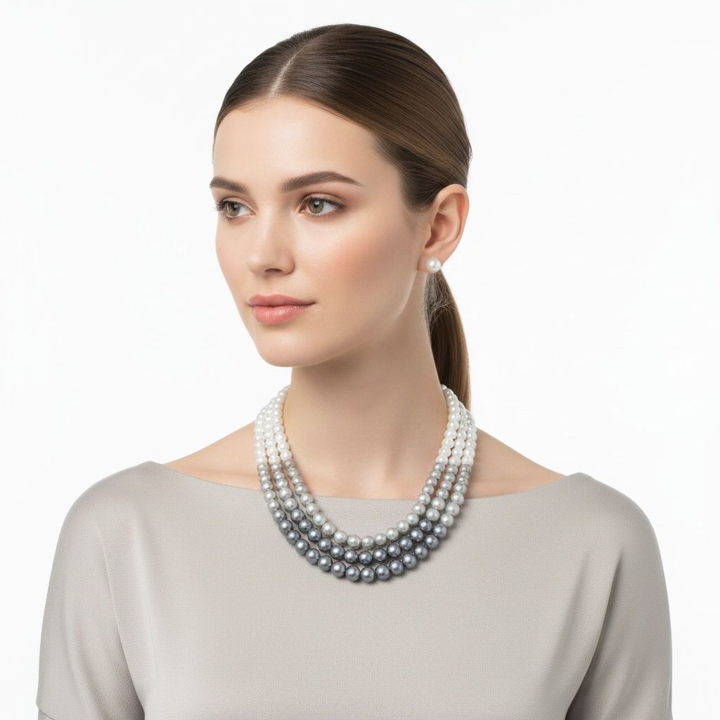 Glass Pearl Gray White Ombre 3 Strand Necklace