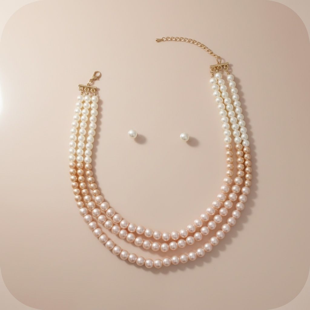 Glass Pearl Pink Cream Ombre 3 Strand Necklace