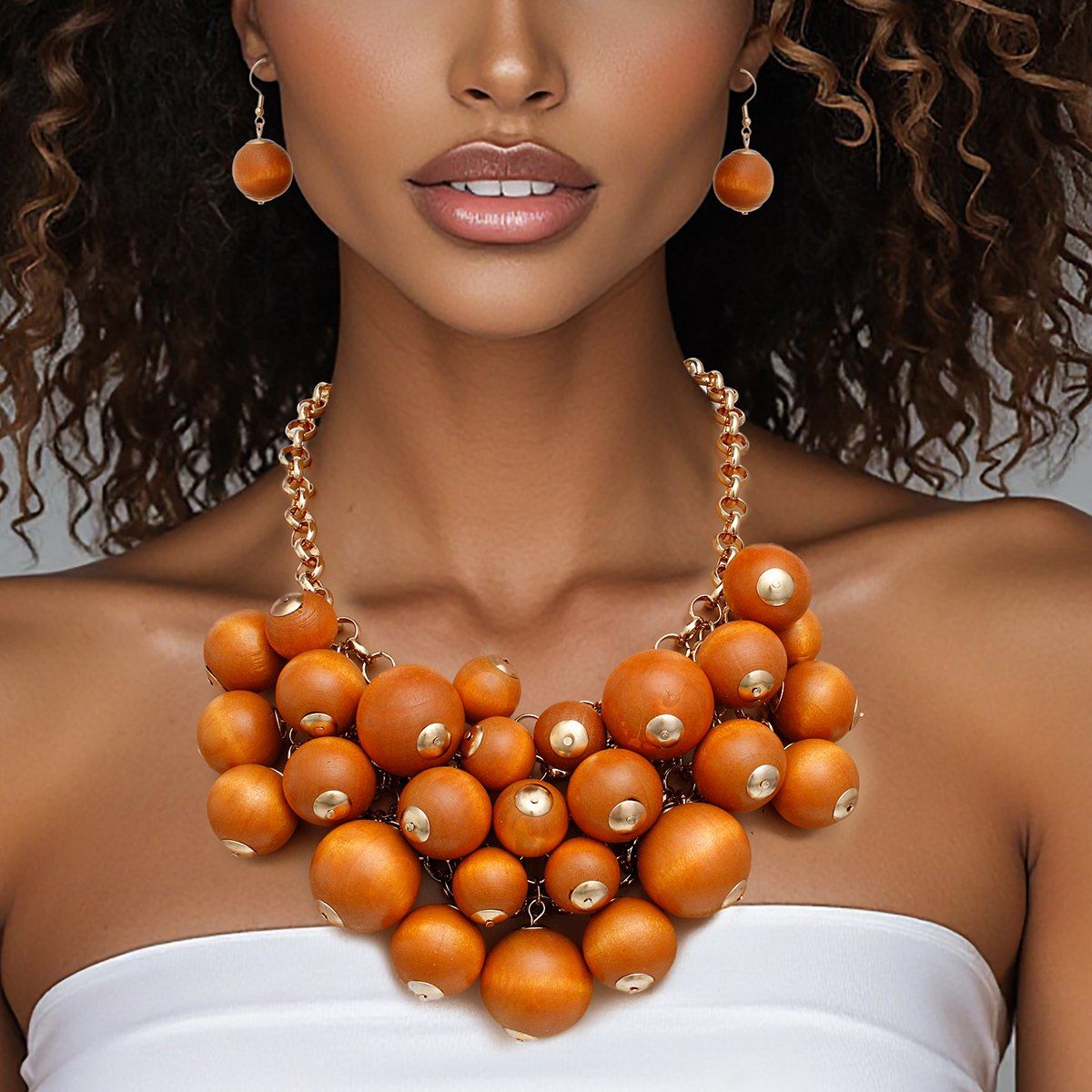 Bib Chunky Brown Wood Bead Chainmaille Necklace