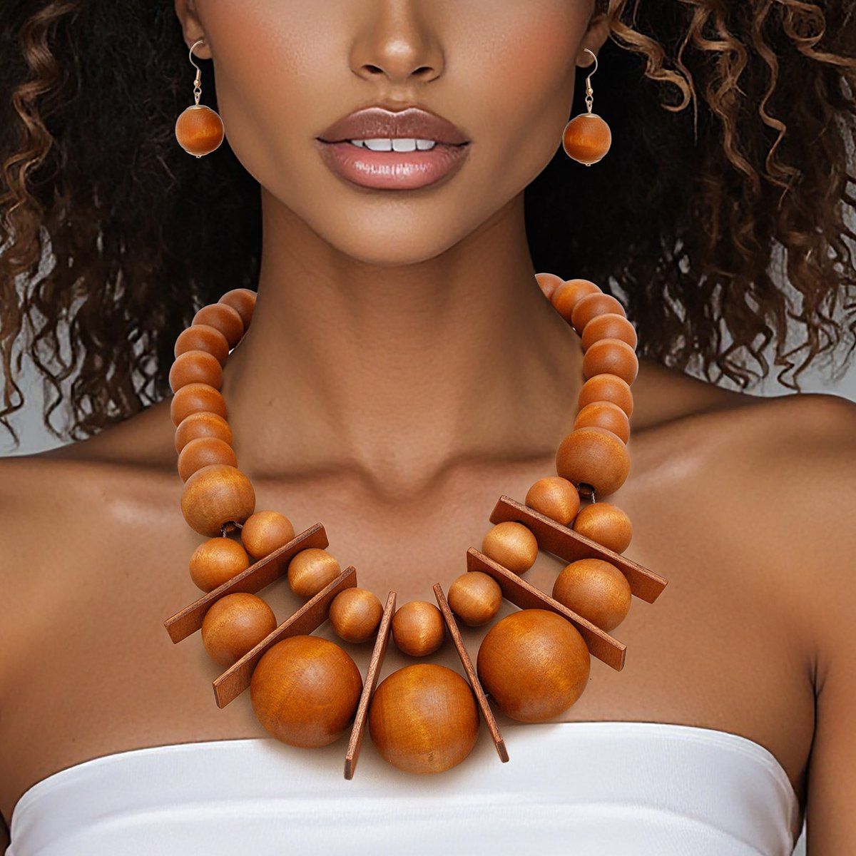 Bib Chunky Brown Wood Geometric Bead Necklace