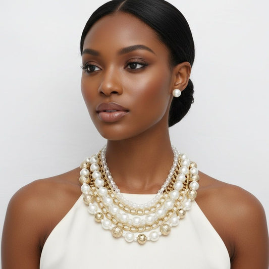 Mixed Media Cream Pearl Gold Chain Layer Necklace