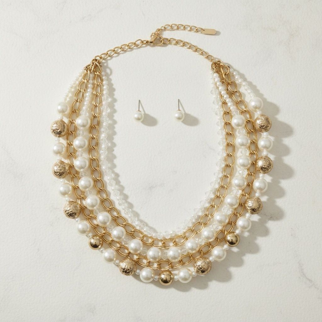 Mixed Media Cream Pearl Gold Chain Layer Necklace