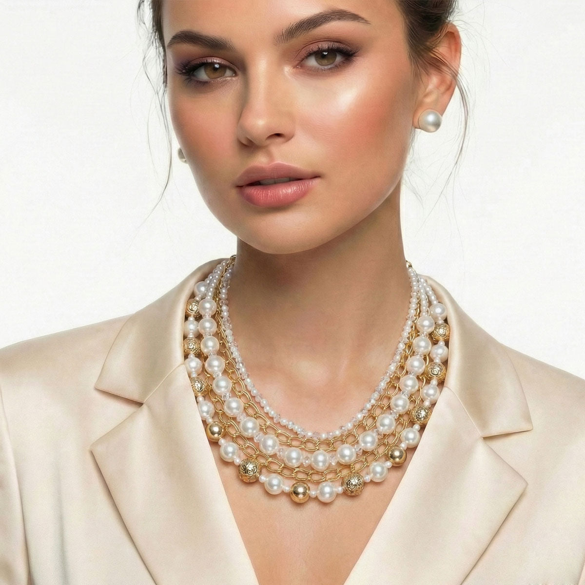 Mixed Media Cream Pearl Gold Chain Layer Necklace