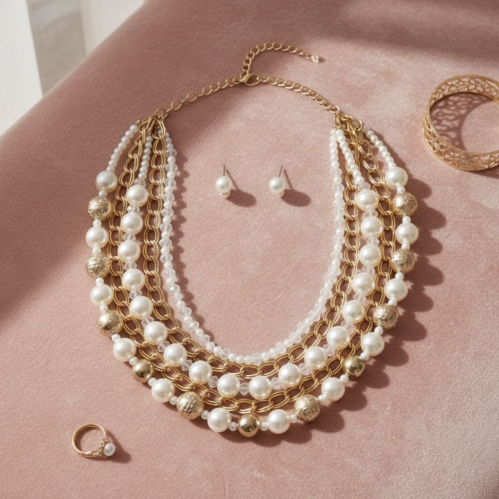 Mixed Media Cream Pearl Gold Chain Layer Necklace