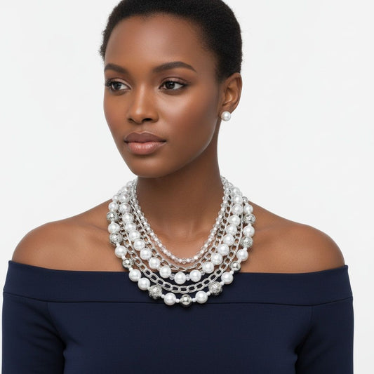 Mixed Media White Pearl Silver Chain Necklace