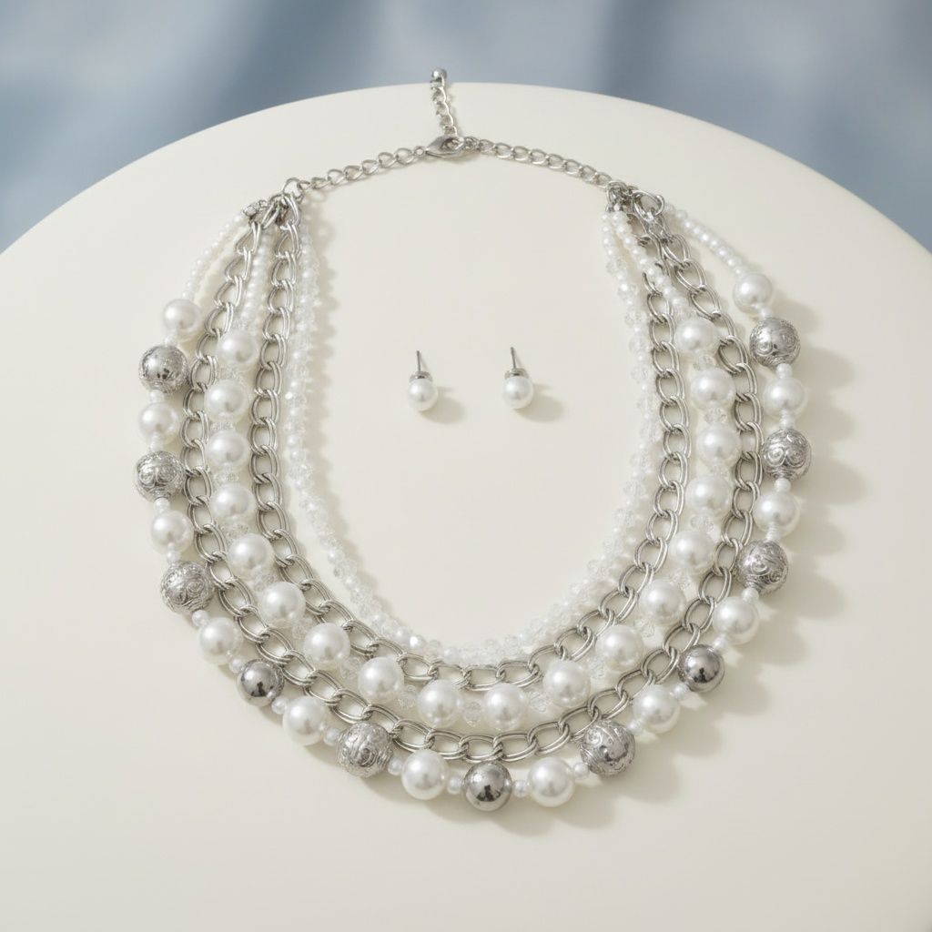 Mixed Media White Pearl Silver Chain Necklace