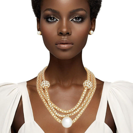 Layered Gold Mesh Snake Chain Ball Pearl Necklace