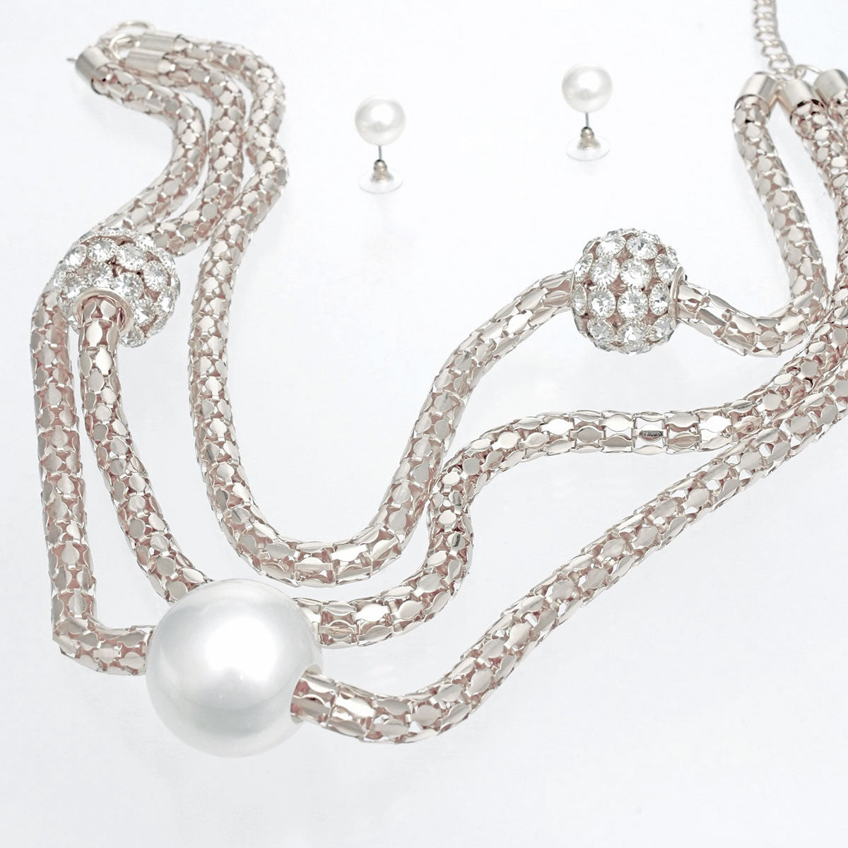 Layered Silver Mesh Snake Chain Ball Pearl Set