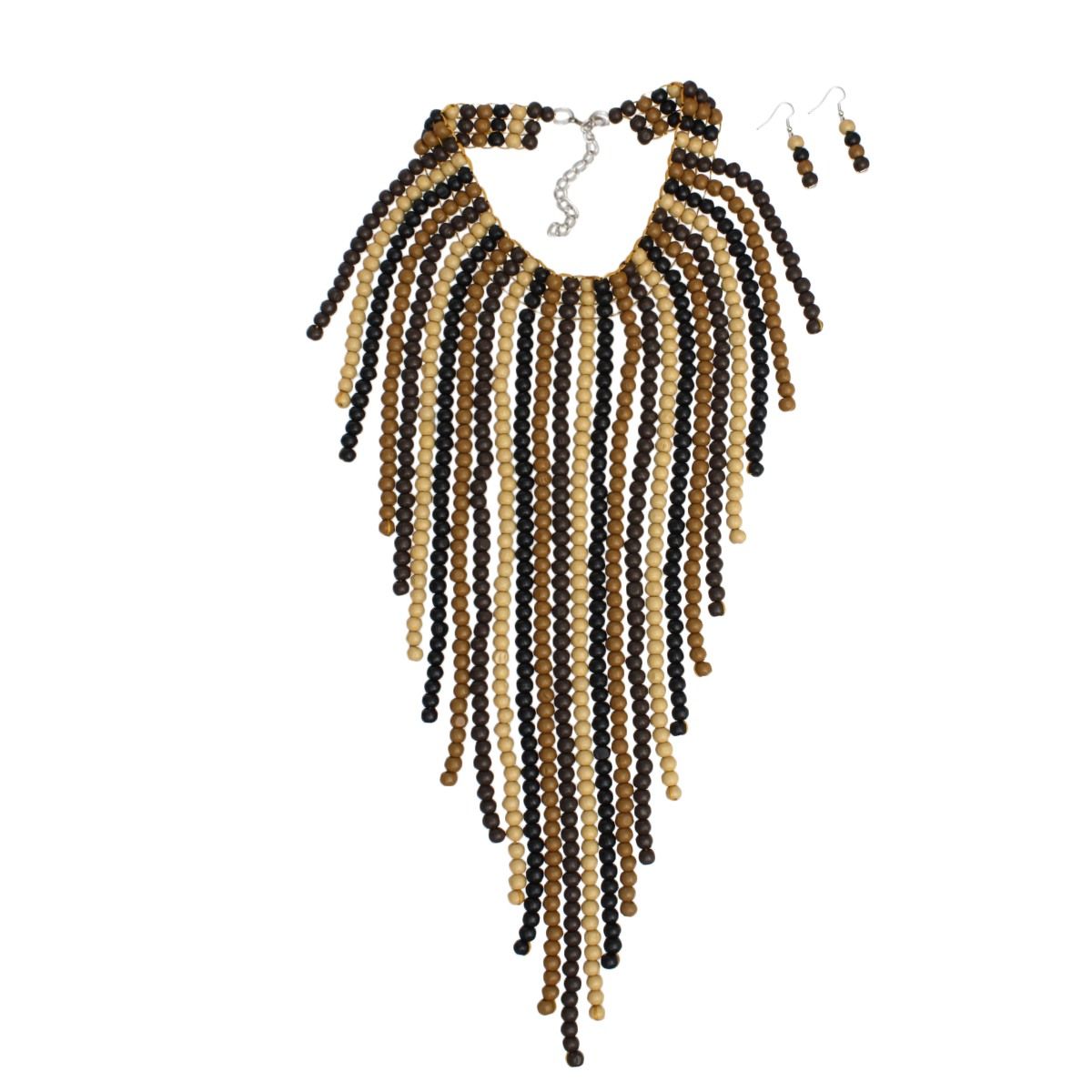 Bib Long Brown Wood Bead Fringe Global Necklace