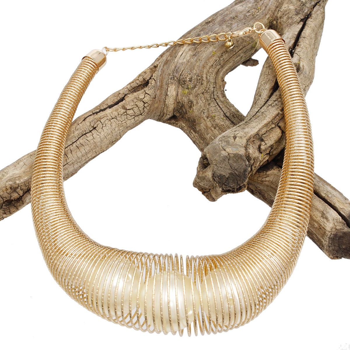 Collar Gold Spring Chain Pearl Filled Necklace