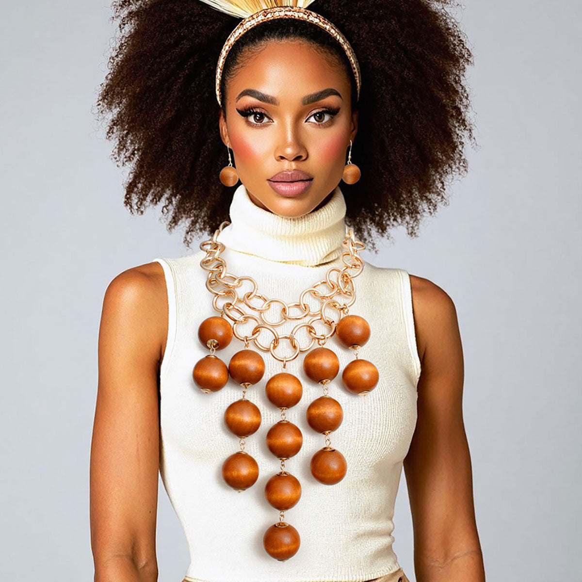 Bib Large Brown Wooden Ball Bead Drop Necklace