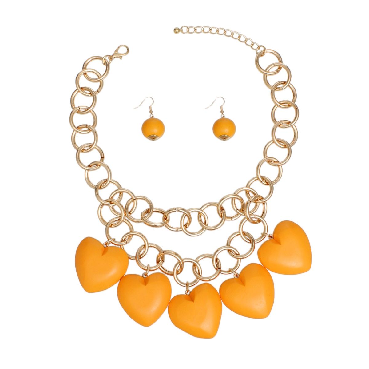 Bib Chunky Orange Wooden Heart Bead Necklace