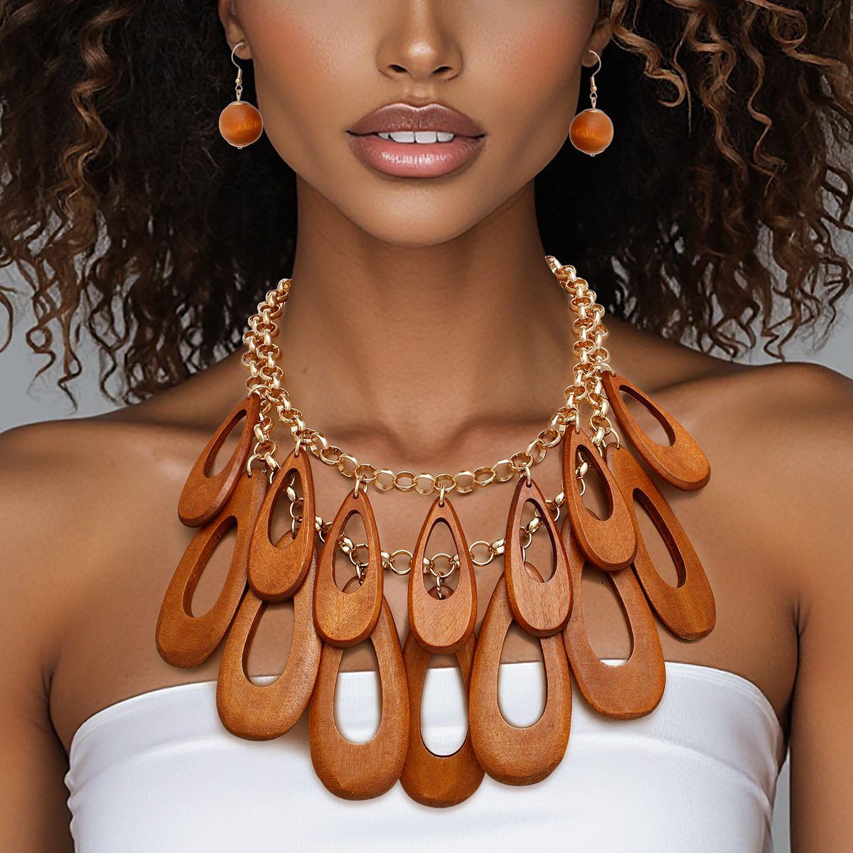 Bib Tribal Chic Brown Teardrop Wood Bead Necklace