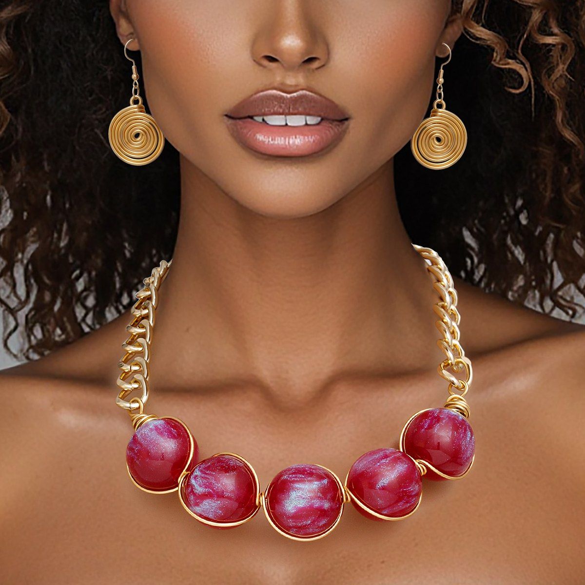Collar Red Galactic Bead Gold Chain Necklace