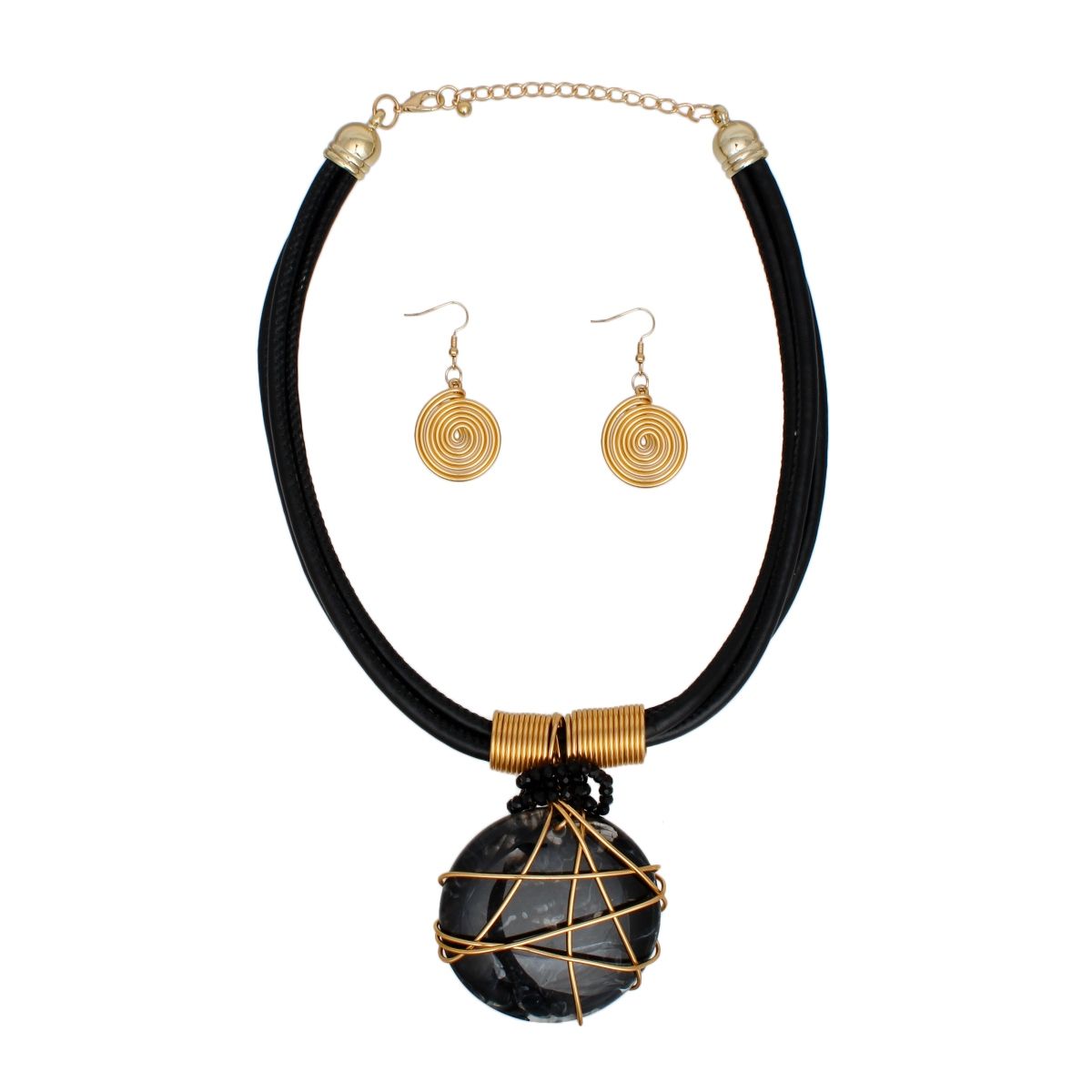 Pendant Black Leather Wire Wrapped Resin Necklace