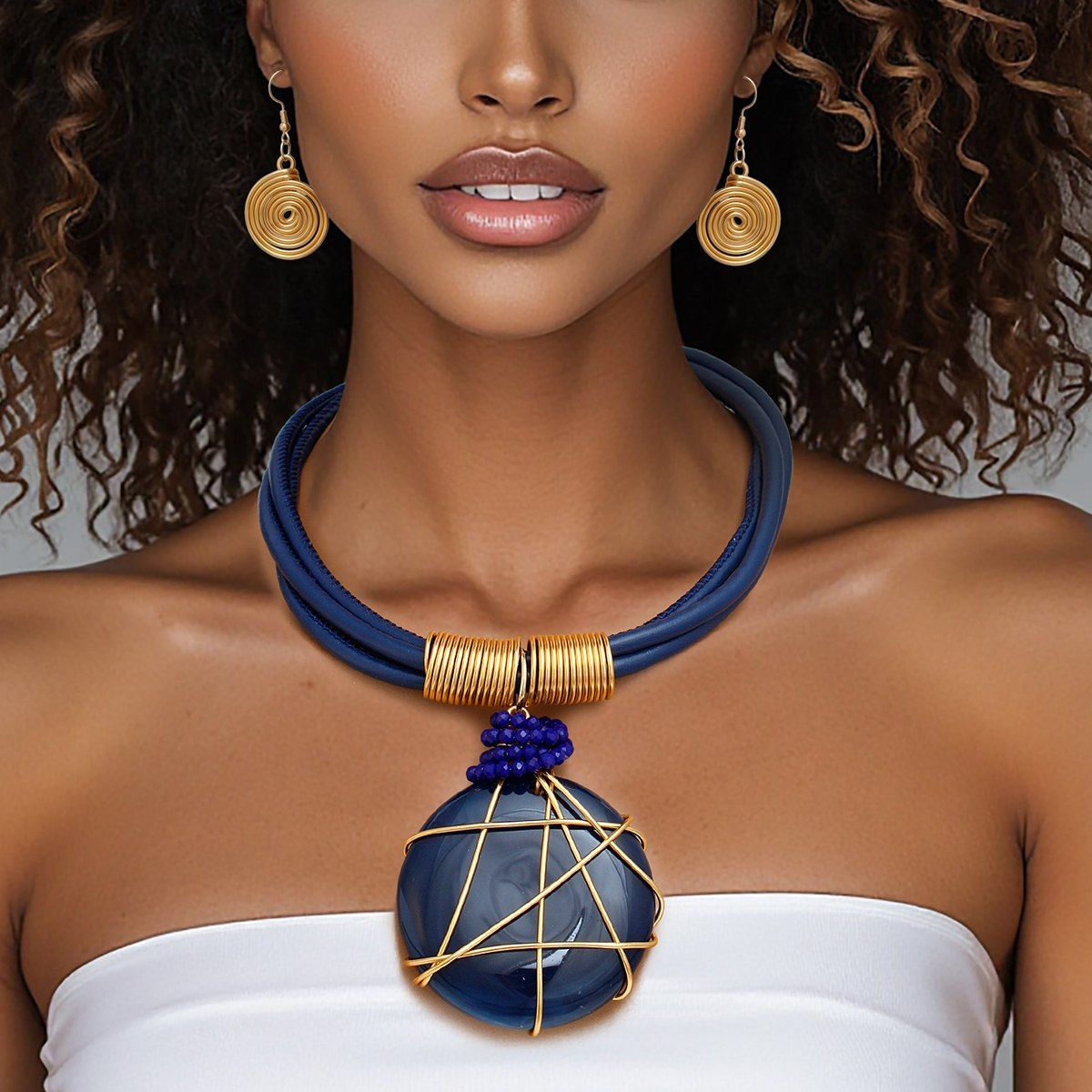 Pendant Blue Leather Wire Wrapped Resin Necklace