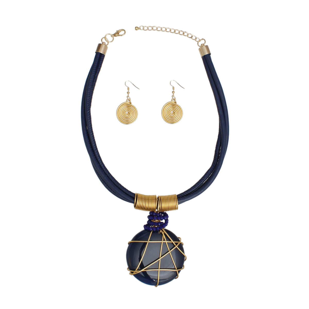 Pendant Blue Leather Wire Wrapped Resin Necklace