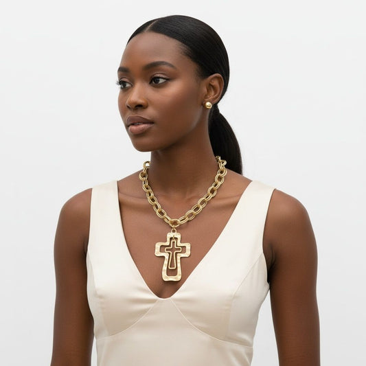 Chain Gold Double Oval Link Double Cross Necklace