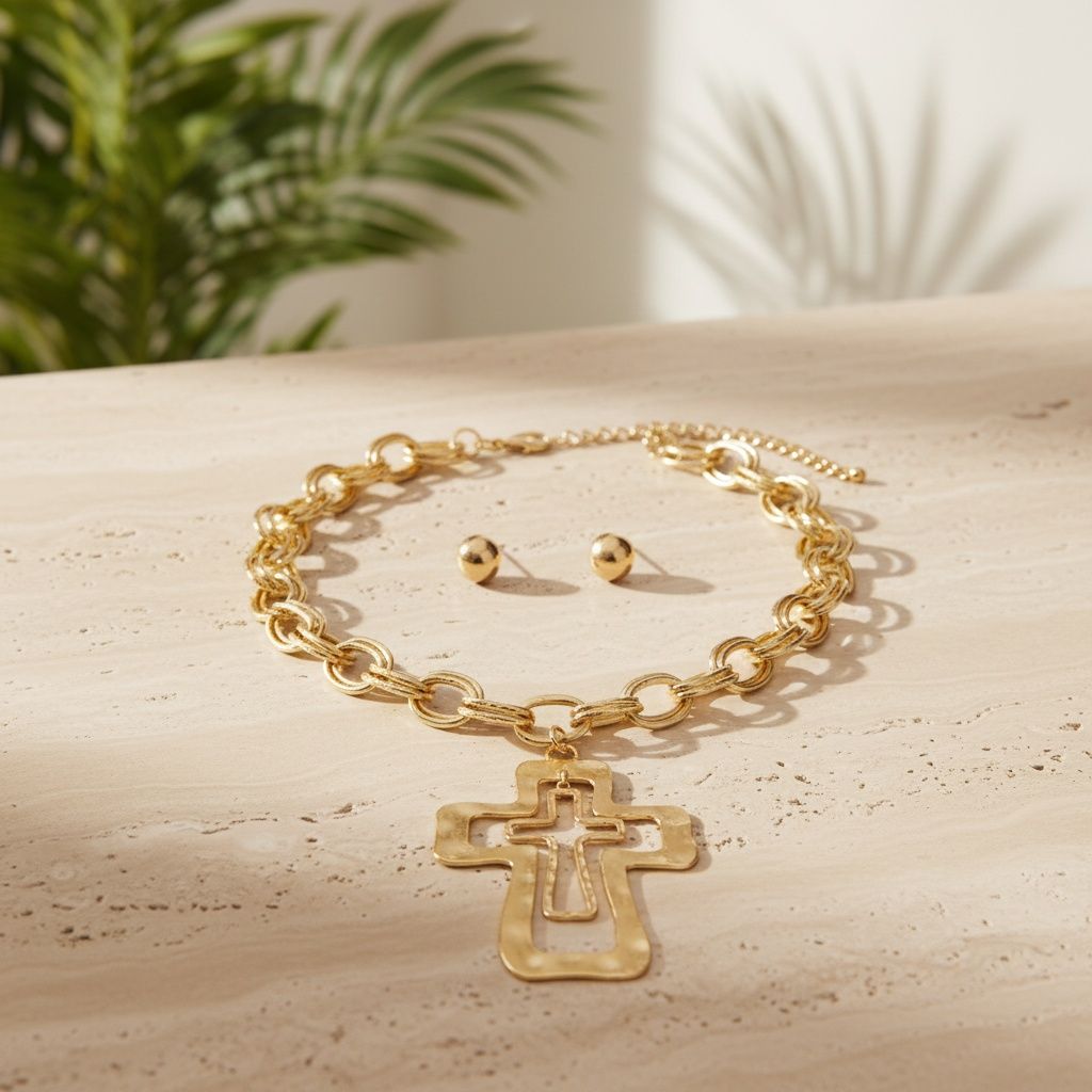 Chain Gold Double Oval Link Double Cross Necklace