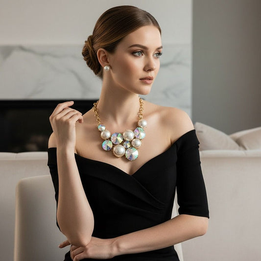Bib Chunky Aurbo Crystal Pearl Evening Necklace