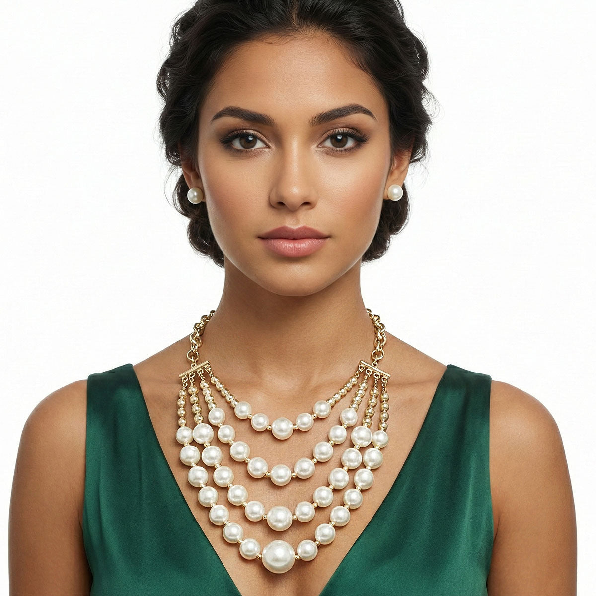 Cream Pearl and Gold Bead Layered Bib Necklace