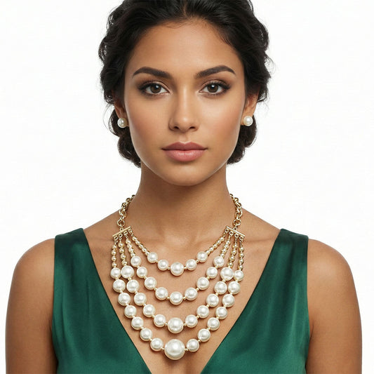 Cream Pearl and Gold Bead Layered Bib Necklace