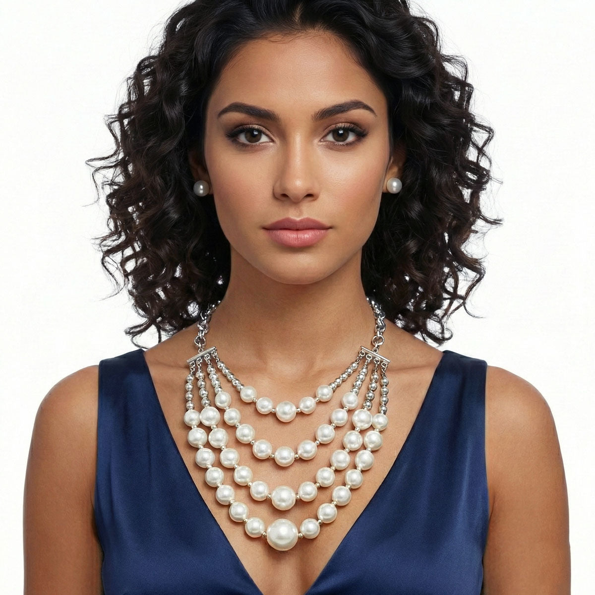 White Pearl and Silver Bead Layered Bib Necklace