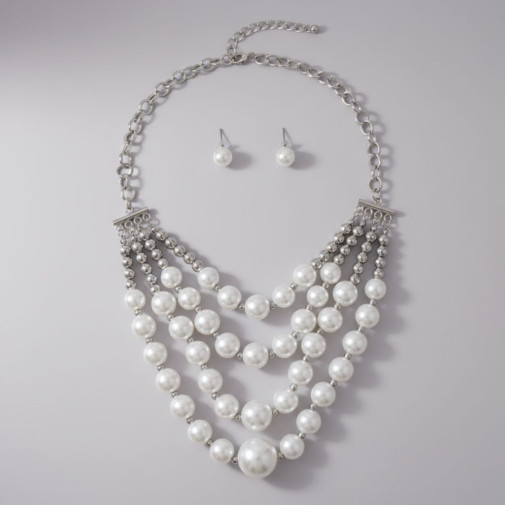 White Pearl and Silver Bead Layered Bib Necklace