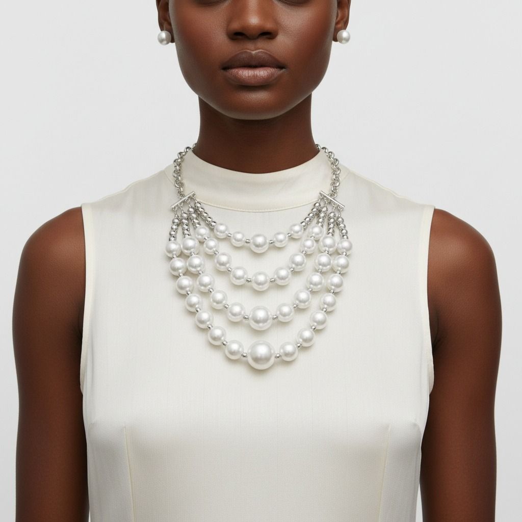 White Pearl and Silver Bead Layered Bib Necklace